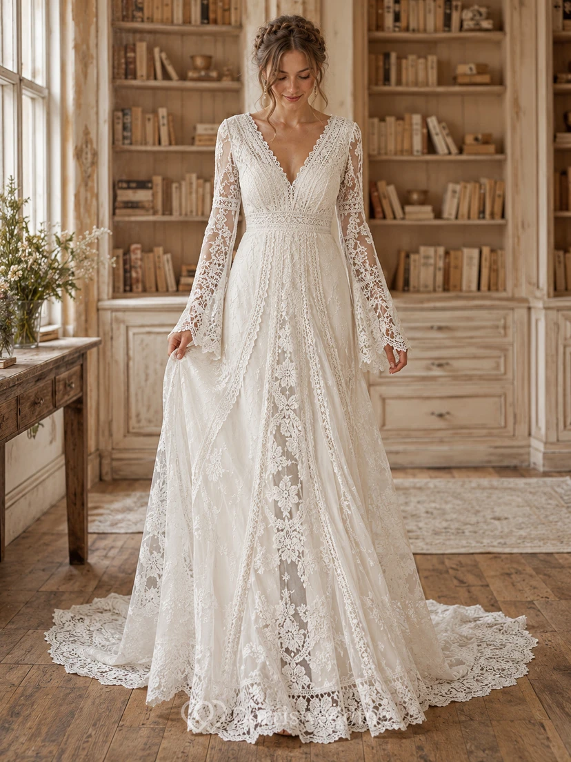 Bohemian V Neck Long Sleeve Lace A-Line Keyhole Back Chapel Wedding Dress