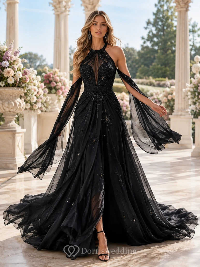 Black Tulle V-Neck Sequined Mermaid Sweep-Train Evening Gown