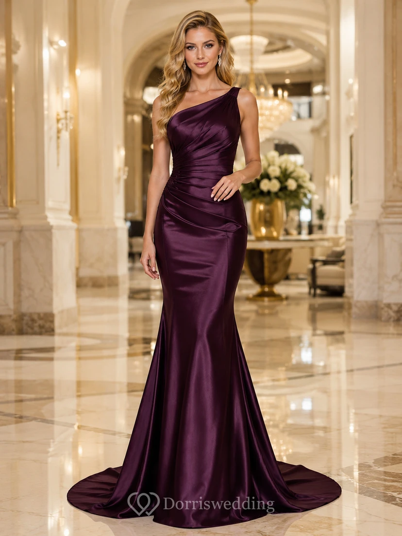 Plum Satin One Shoulder Mermaid Evening Gown