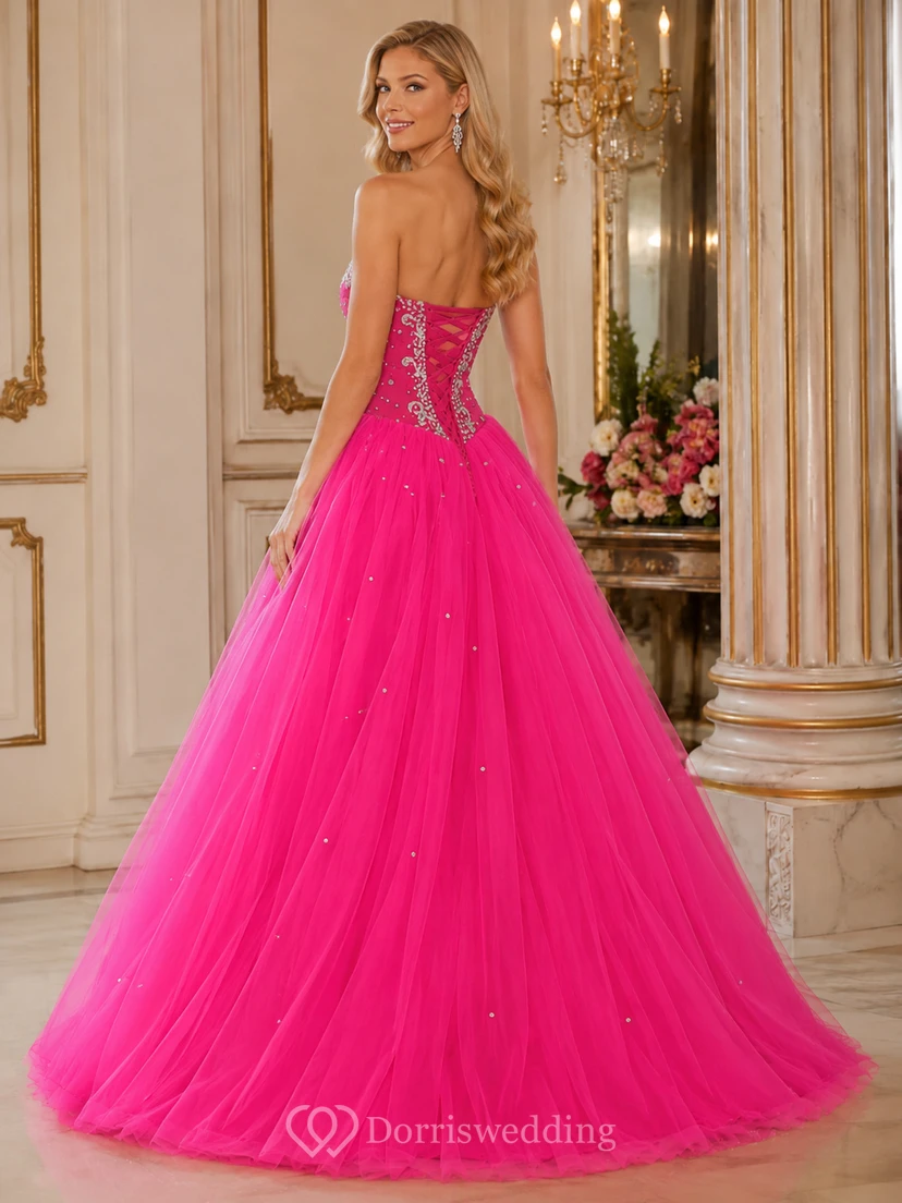 Ball Gown Long Sweetheart Sleeveless Bell Beading Appliques Lace-Up Back Tulle Lace Dress view 2