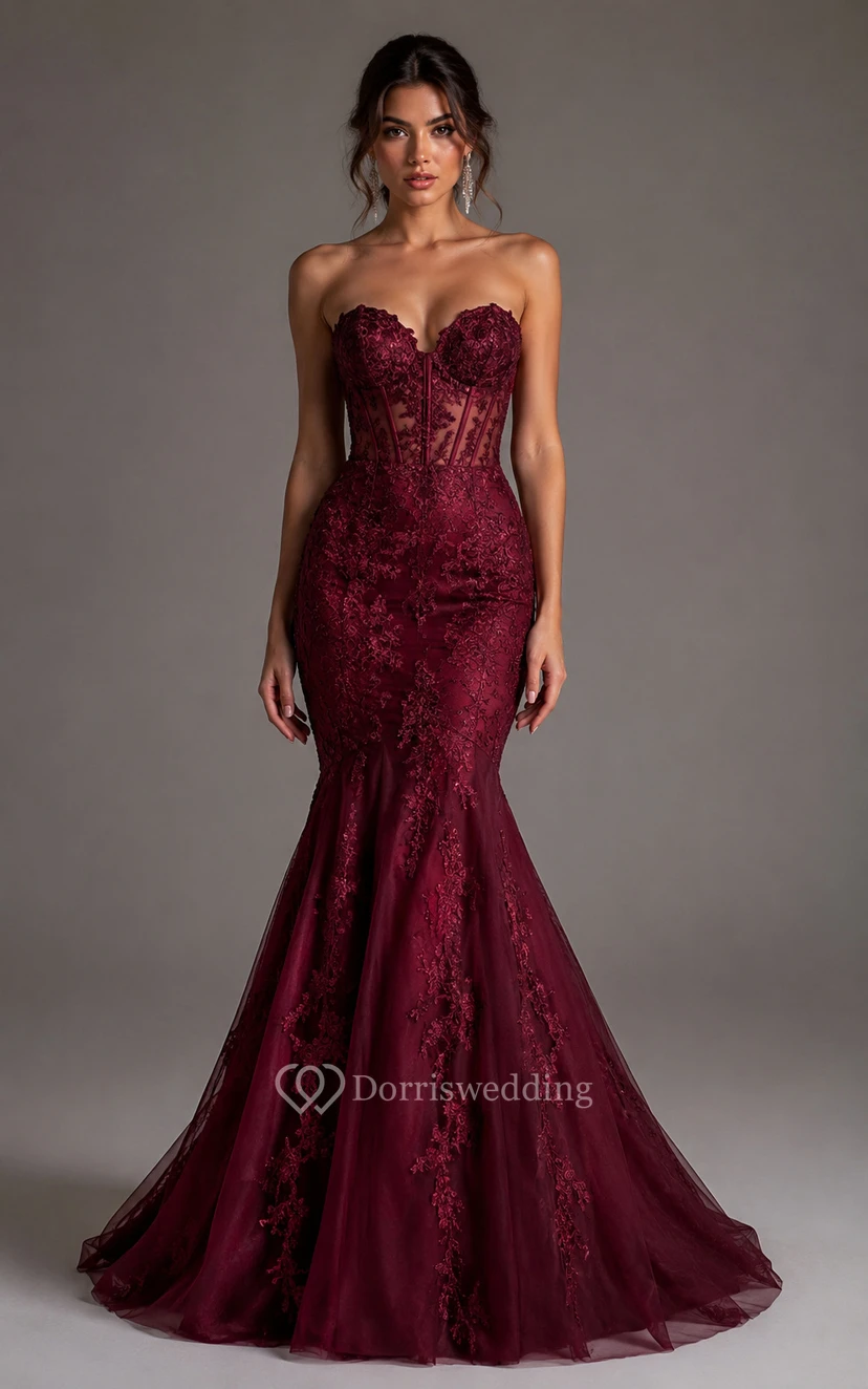 Burgundy Lace Appliqu¨¦ Mermaid Prom Dress Strapless Sweetheart Formal Gown