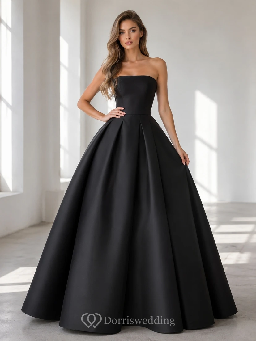 Black Strapless Satin Sleeveless Ball Gown Floor-Length Evening Dress