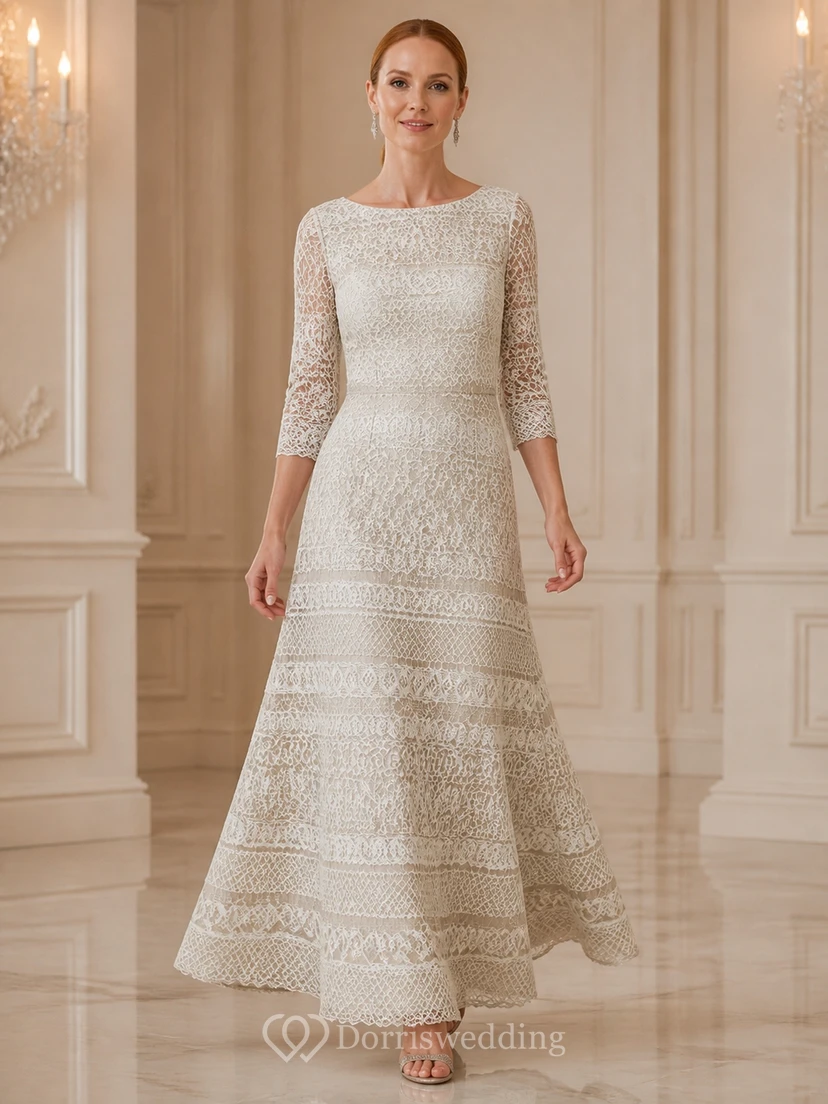 Vintage Modest Older Brides Lace A-Line Tea-length Bateau Three-Quarter Sleeve Mother Dress