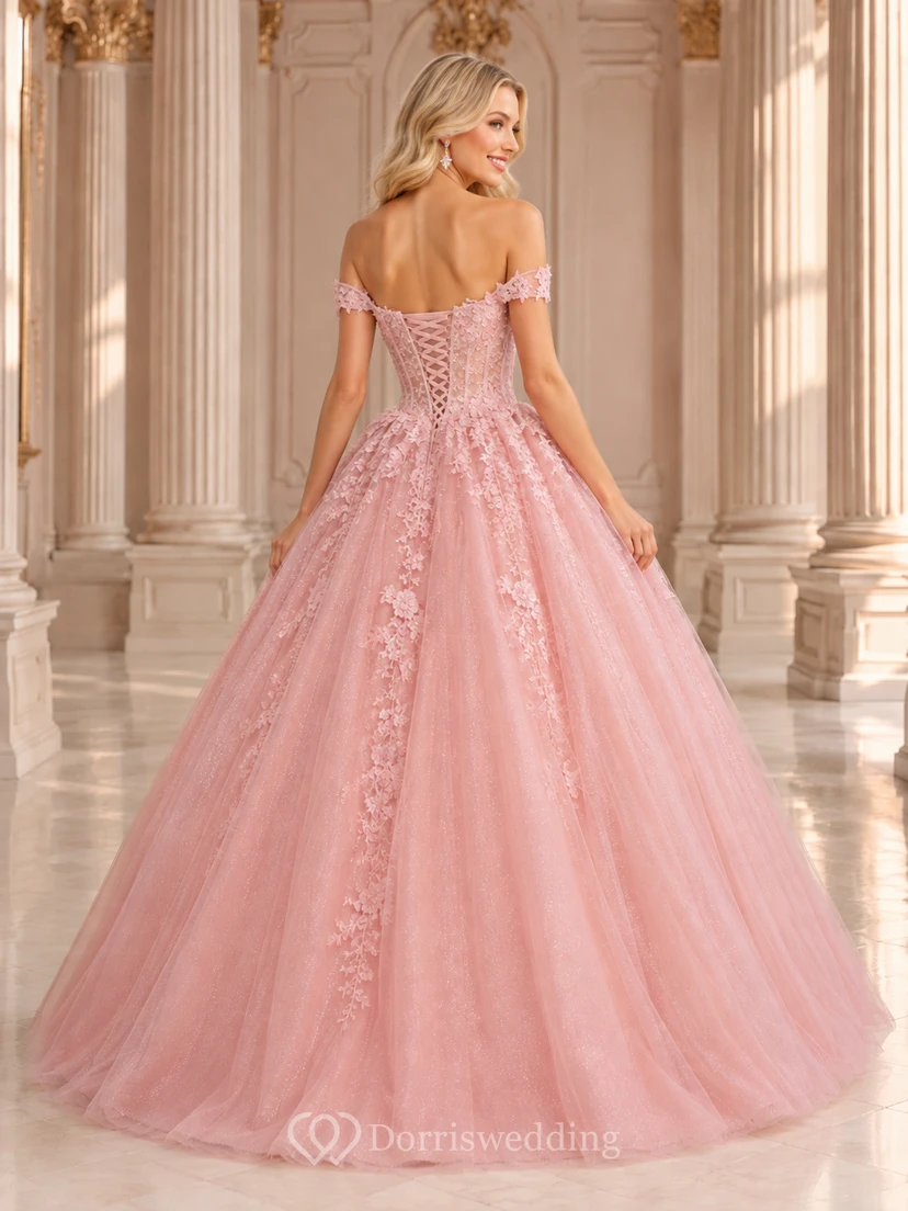 Blossom Pearl-Pink Off-Shoulder Sweetheart Floral Lace Tulle Ball-Gown Floor-Length Quinceanera Prom Dress view 2