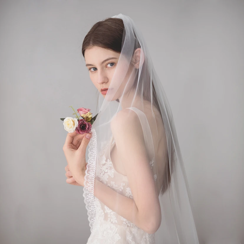 Single Tier Tulle Fingertip Veil with Lace Trim view 2