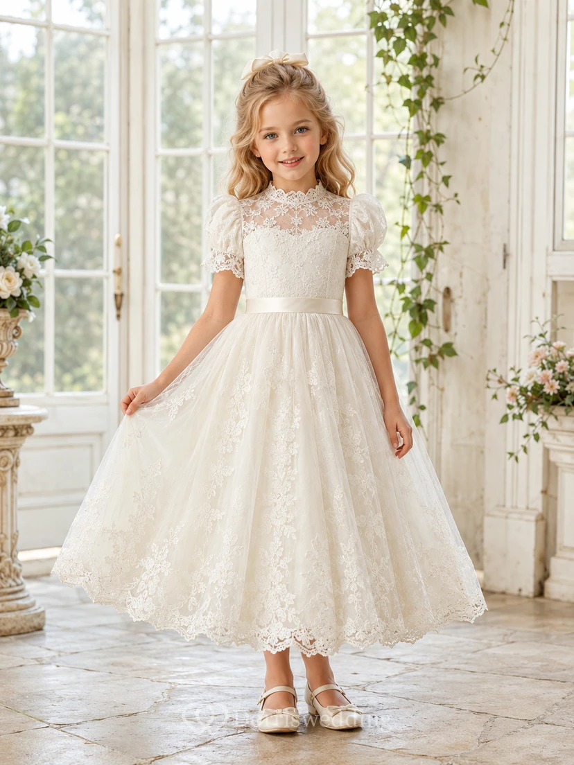 Flower Girl Dress Ivory Lace Tulle A-Line Short Sleeve Scoop Neck Tea Length Sash Detail
