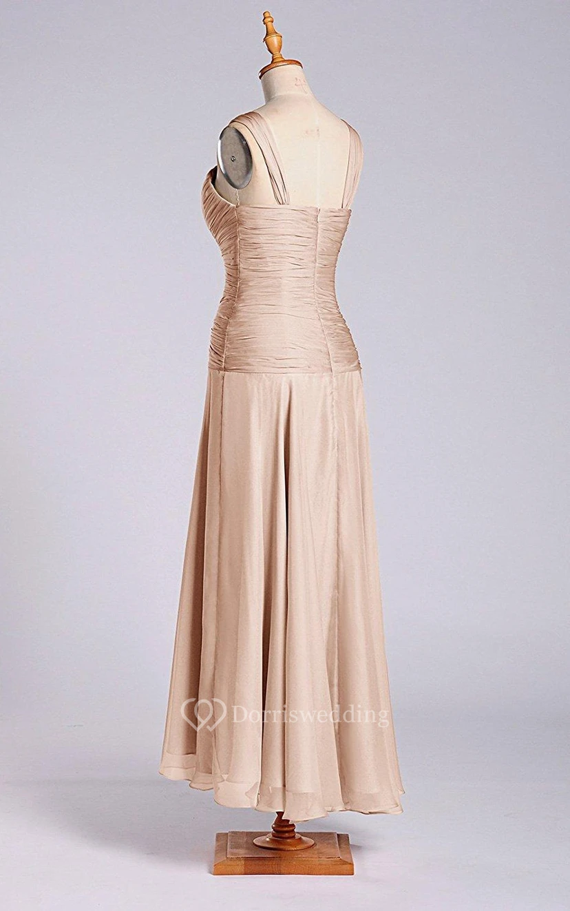 Sleeveless V-neck Tea-length Chiffon Dress with Ruching view 2