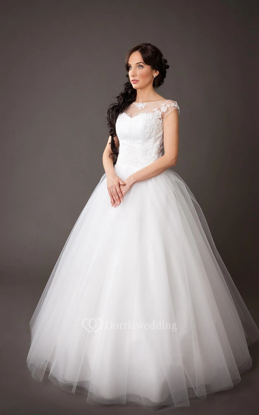 Cap Sleeve A-Line Tulle Ball Gown With Lace Bodice and Bateau Neck view 3