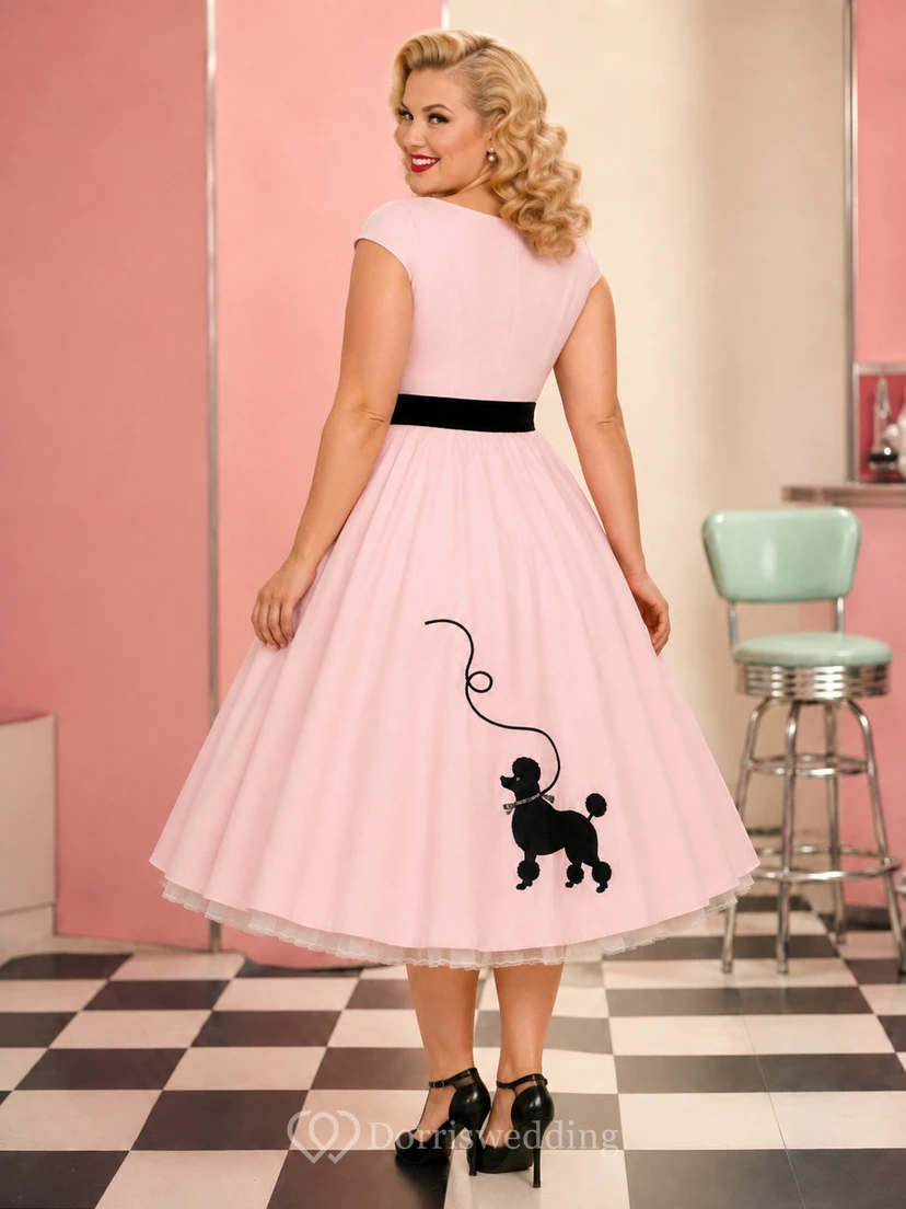 Blushing Pink Plus-Size Sweetheart Cap-Sleeve Poodle Applique Vintage Tea Dress view 2