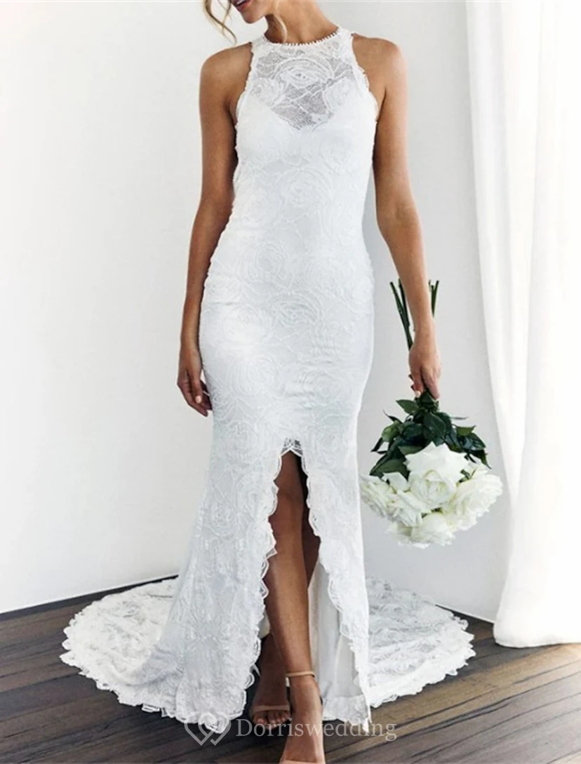 Modern Halter Lace Wedding Dress with Front Slit