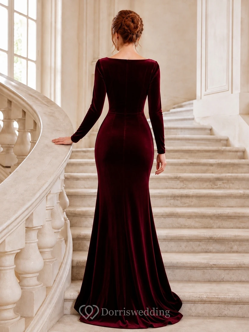 Burgundy Velvet Square Neck Long Sleeve Mermaid Evening Gown view 2