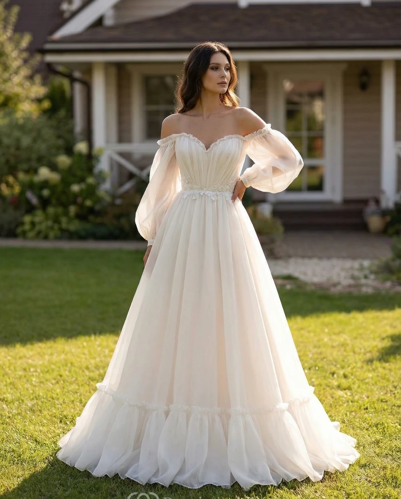 3/4-Schulterfreies Chiffon-Hochzeitskleid