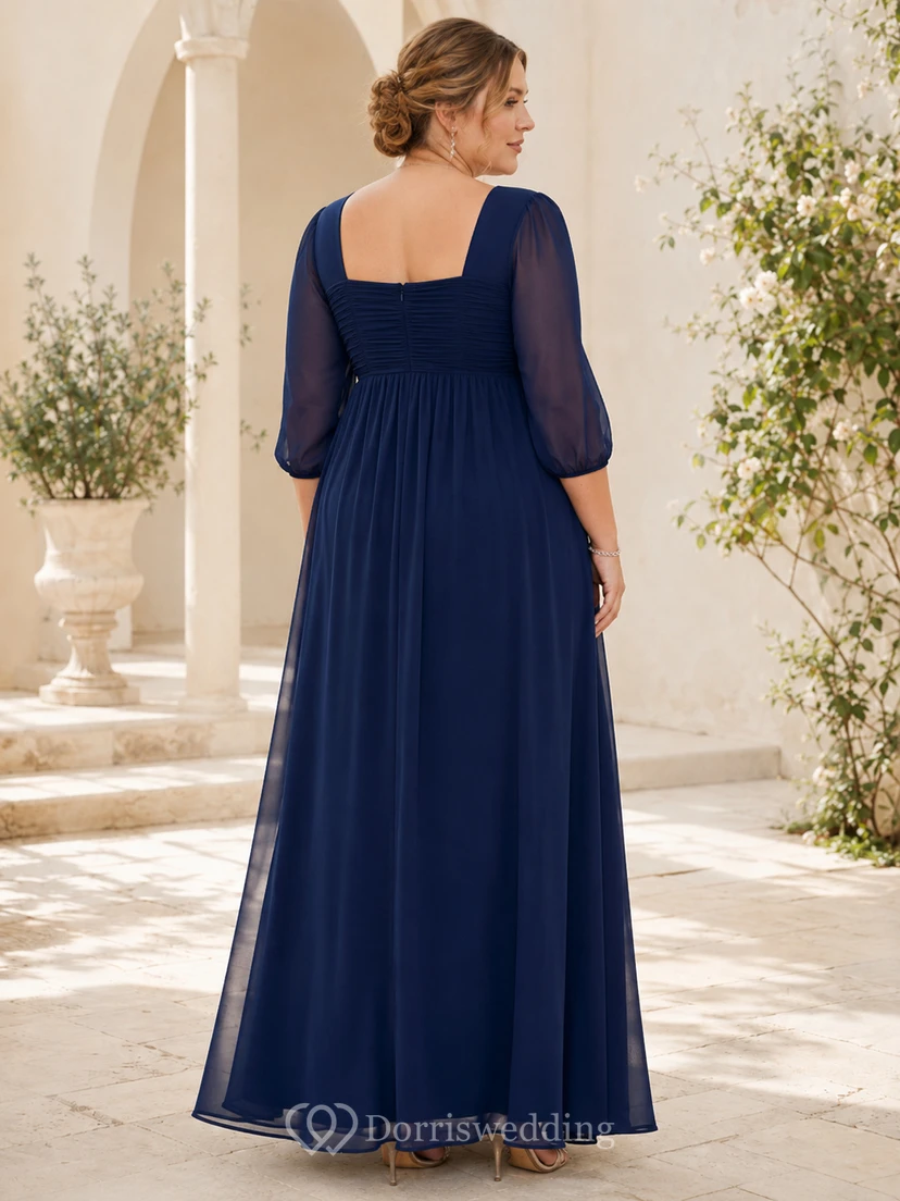 Dark Navy Square Neck Poet Sleeve Chiffon Empire Floor Plus Size Guest Dress view 2