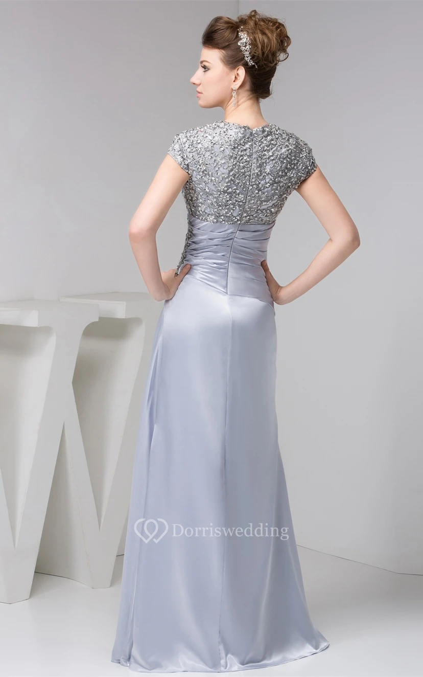 Caped-Sleeve Sheath Ruched Appliques and Dress With Jewels view 7