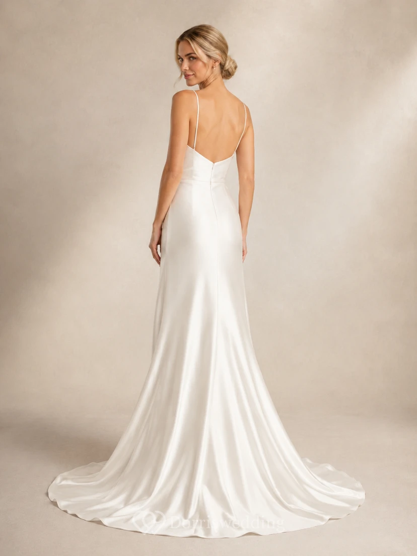 Vestido de novia de satén para la playa, estilo tubo, tirantes finos, cola larga y espalda descubierta. view 2