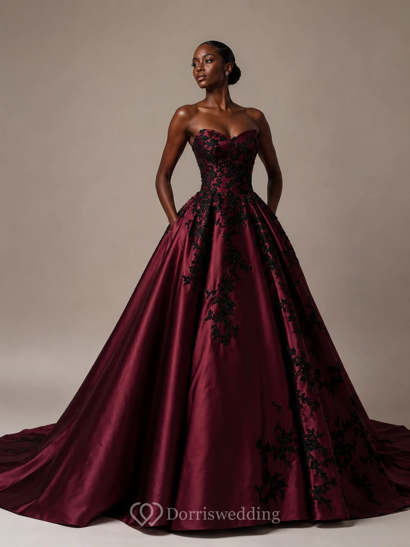 A-Line Floor-Length Sweetheart Appliques Chapel Train Zipper Corset Back Lace Satin Dress view 5