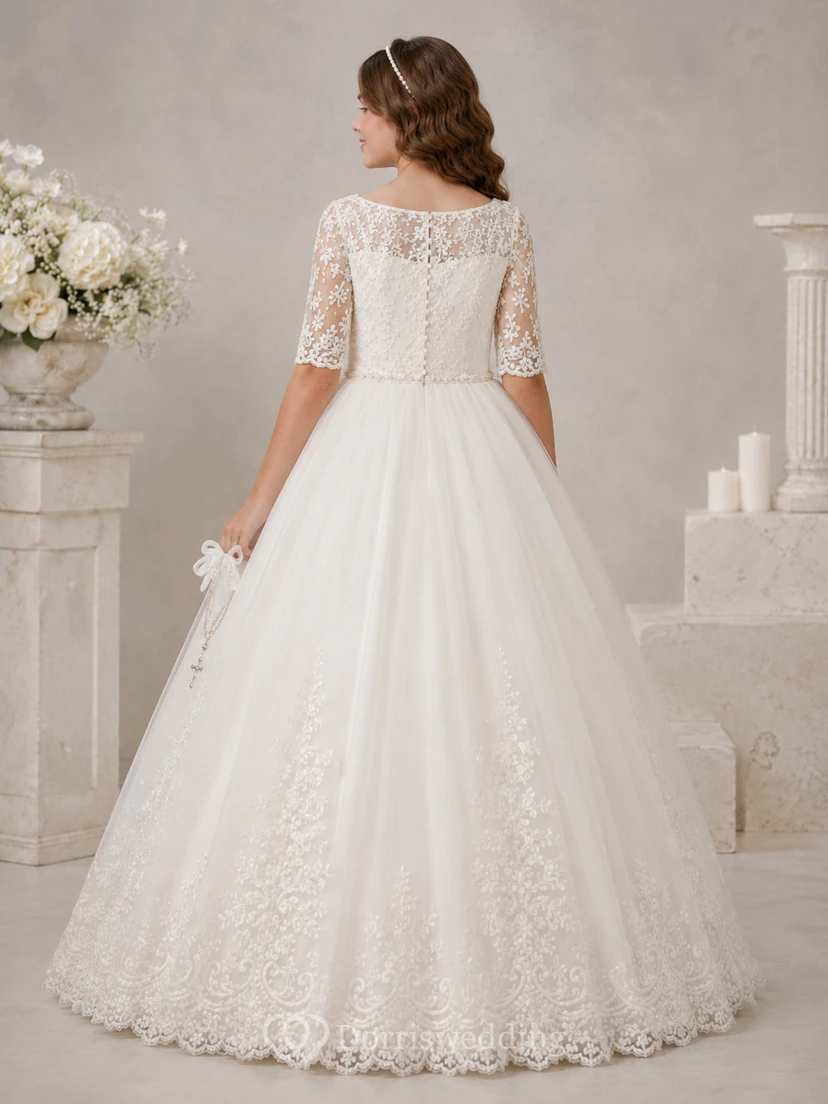 Square Illusion Neck Three Quarter Lace Sleeve Communion Ball Gown view 2