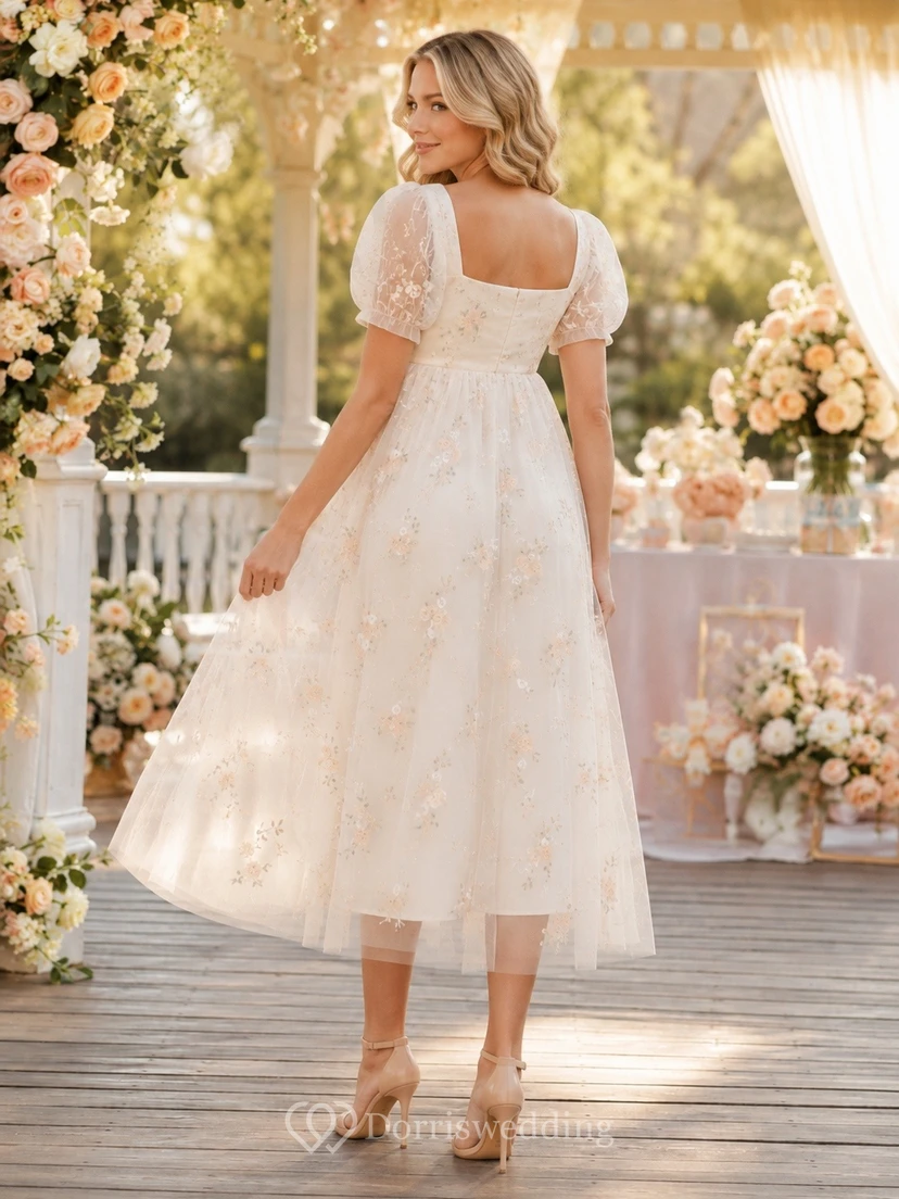 Umstandskleid mit Blumenmuster, Empire-Stil, Puffärmeln, romantischem Tüll, Teelänge view 2