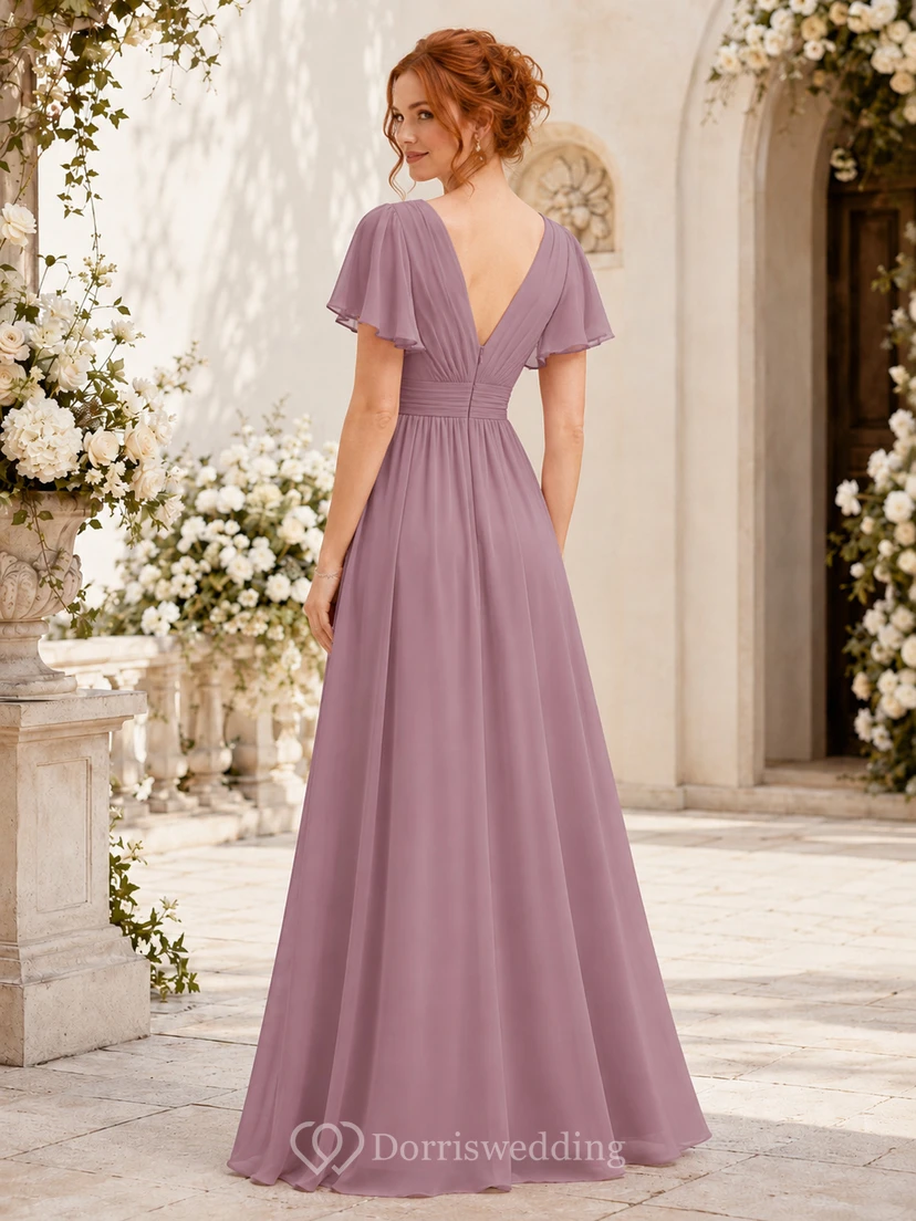 Mauve ruched waist flutter sleeve chiffon floor length bridesmaid gown view 2