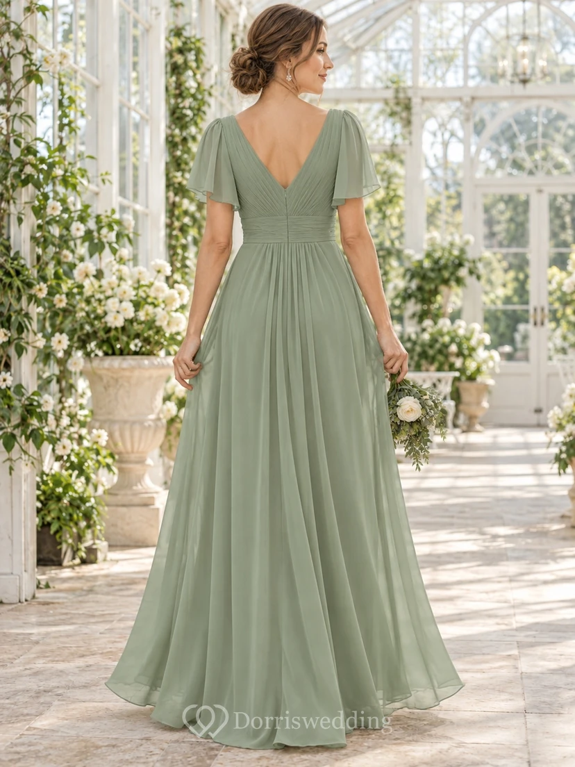 Vestido de dama de honor largo hasta el suelo, de gasa, con escote en V y mangas con volantes, color verde salvia. view 2