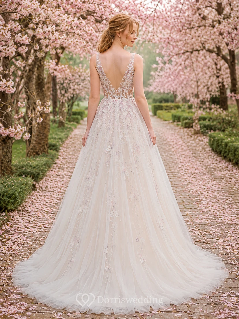 Vestido de novia de gala de tul con estampado floral pastel y efecto ilusión de jardín view 2