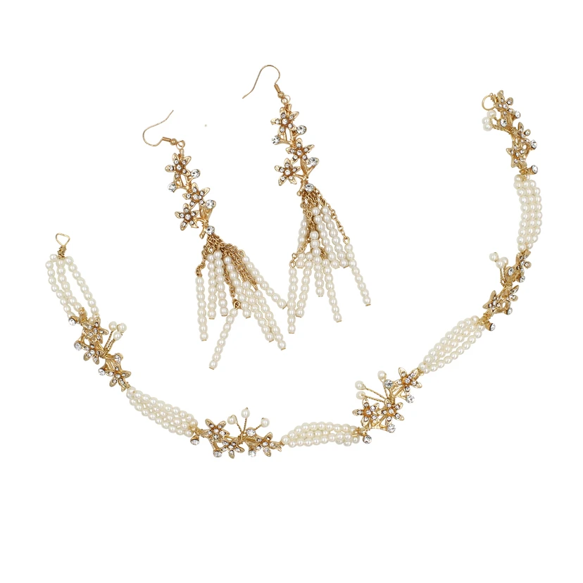 Trendy Pearl Alloy Bridal Headbands and Earrings  view 3