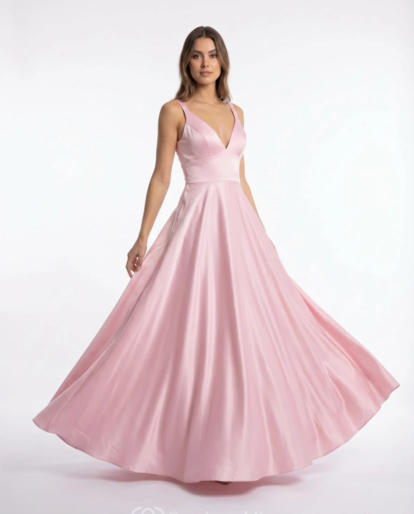 Ballkleid aus rosafarbenem Satin mit V-Ausschnitt und A-Linien-Schnitt für Brautjungfern und Abiball