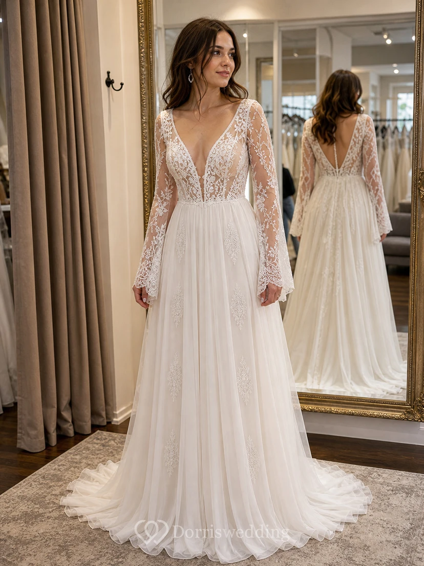 Bohemianisches A-Linien-Brautkleid aus Tüll, bodenlang, langärmelig, rückenfrei und gerafft view 6
