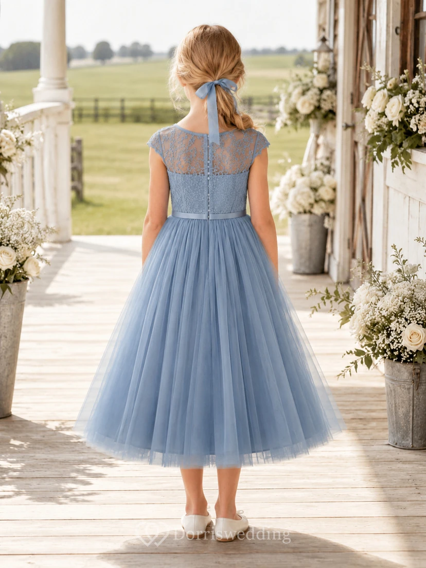 Steel Blue Flower Girl Dress Tea-Length Lace Tulle A-Line Illusion Bateau Cap Sleeve Button Back Satin Waist view 2