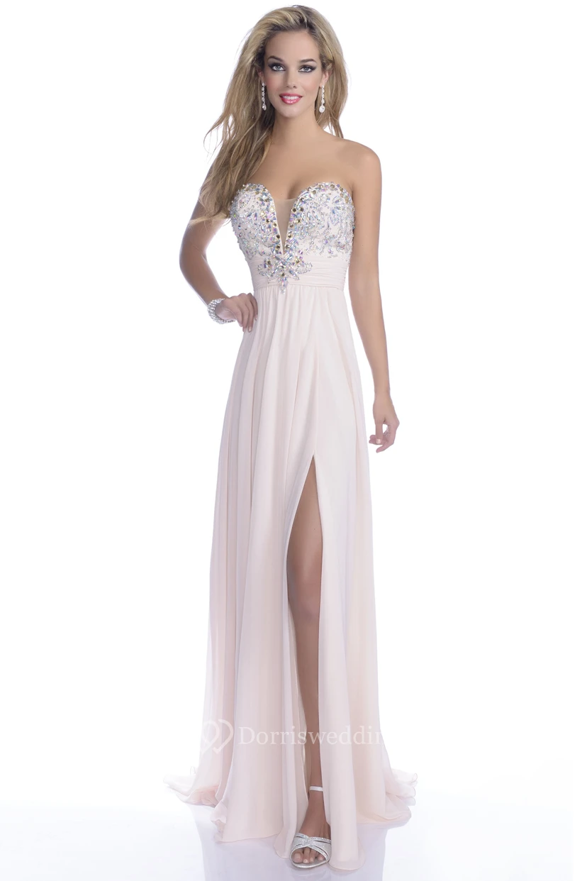Side Slit A-Line Chiffon Sweetheart Prom Dress With Crystal Bodice
