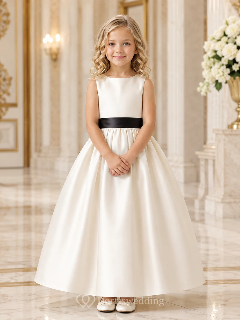 Robe de demoiselle d'honneur noire en satin sans manches, coupe trapèze, longueur thé, avec ceinture noire.