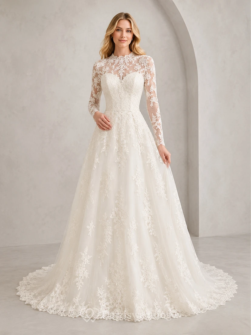 Vestido de novia de gala con encaje y mangas largas de ilusión discreta