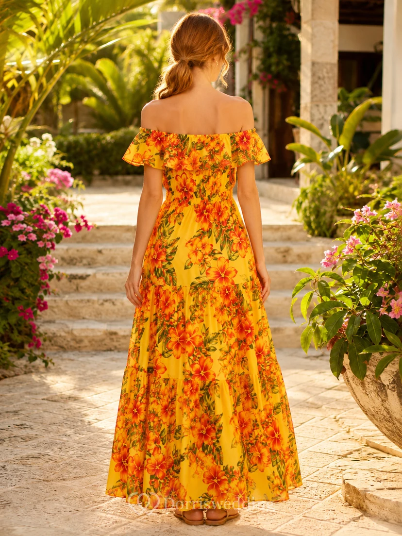 Yellow Tropical Floral Off Shoulder Vacation Maxi Dress view 2