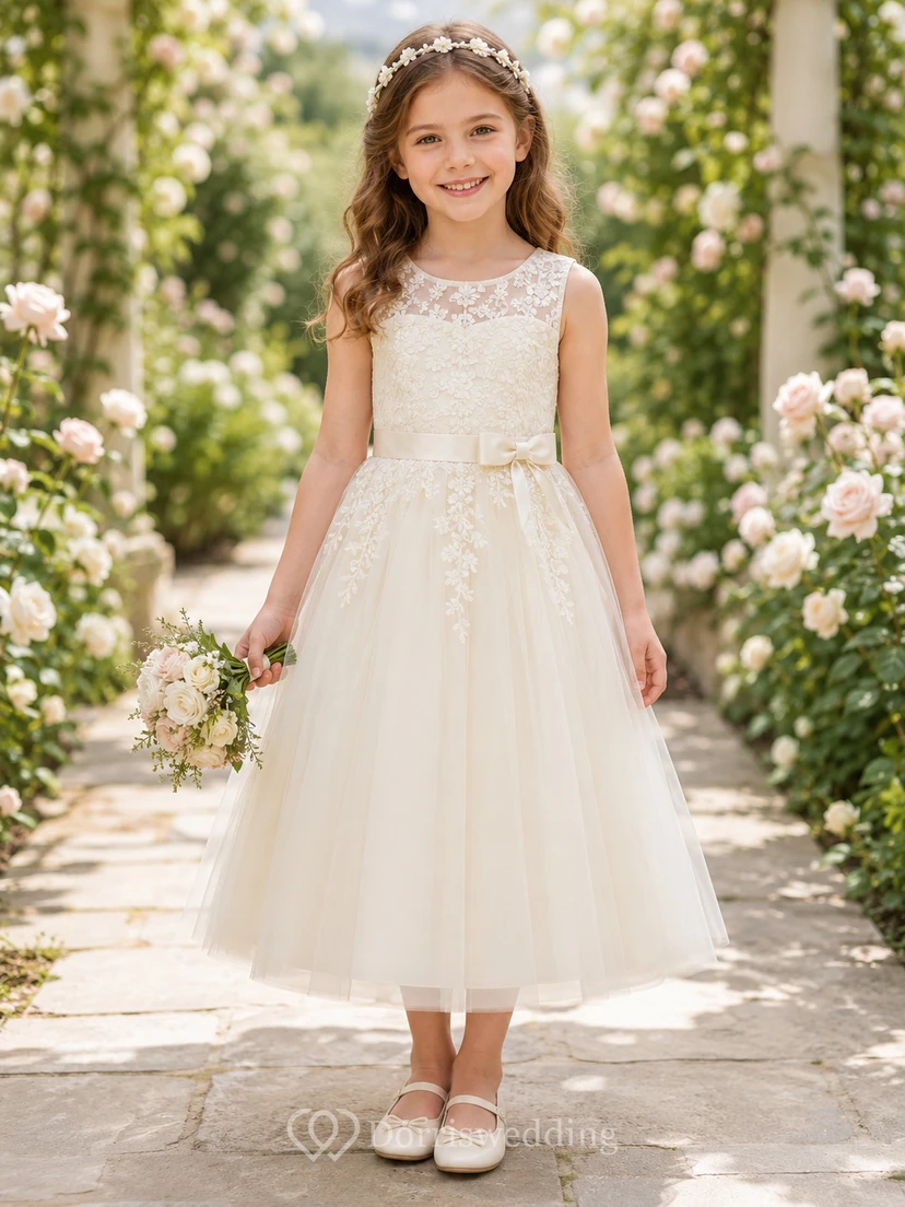 Vestido de niña de las flores color marfil, romántico, largo hasta la rodilla, corte en A, sin mangas, con encaje floral ilusión y fajín de tul.