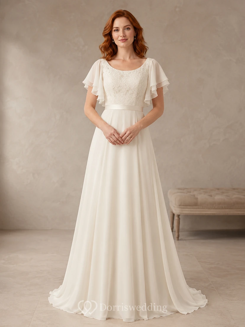 Scoop Neck Flutter Sleeve Modest Chiffon A-Line Wedding Dress