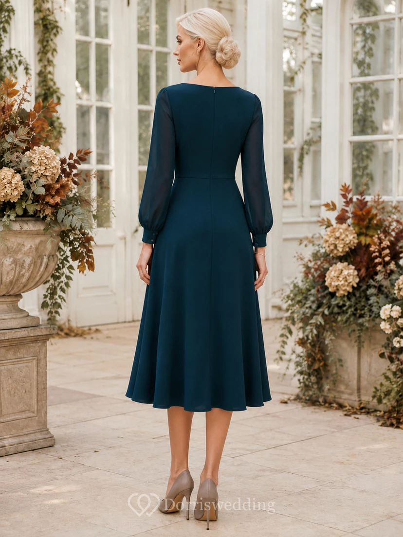 Peacock Bateau Long Sleeve Satin A-Line Tea-Length Wedding Guest Dress view 2