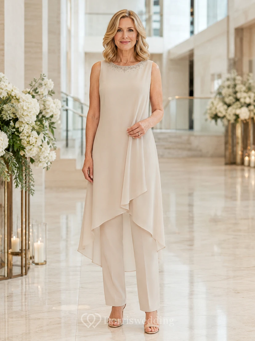 Soft neutral sleeveless overlay pantsuit modern mother dress set