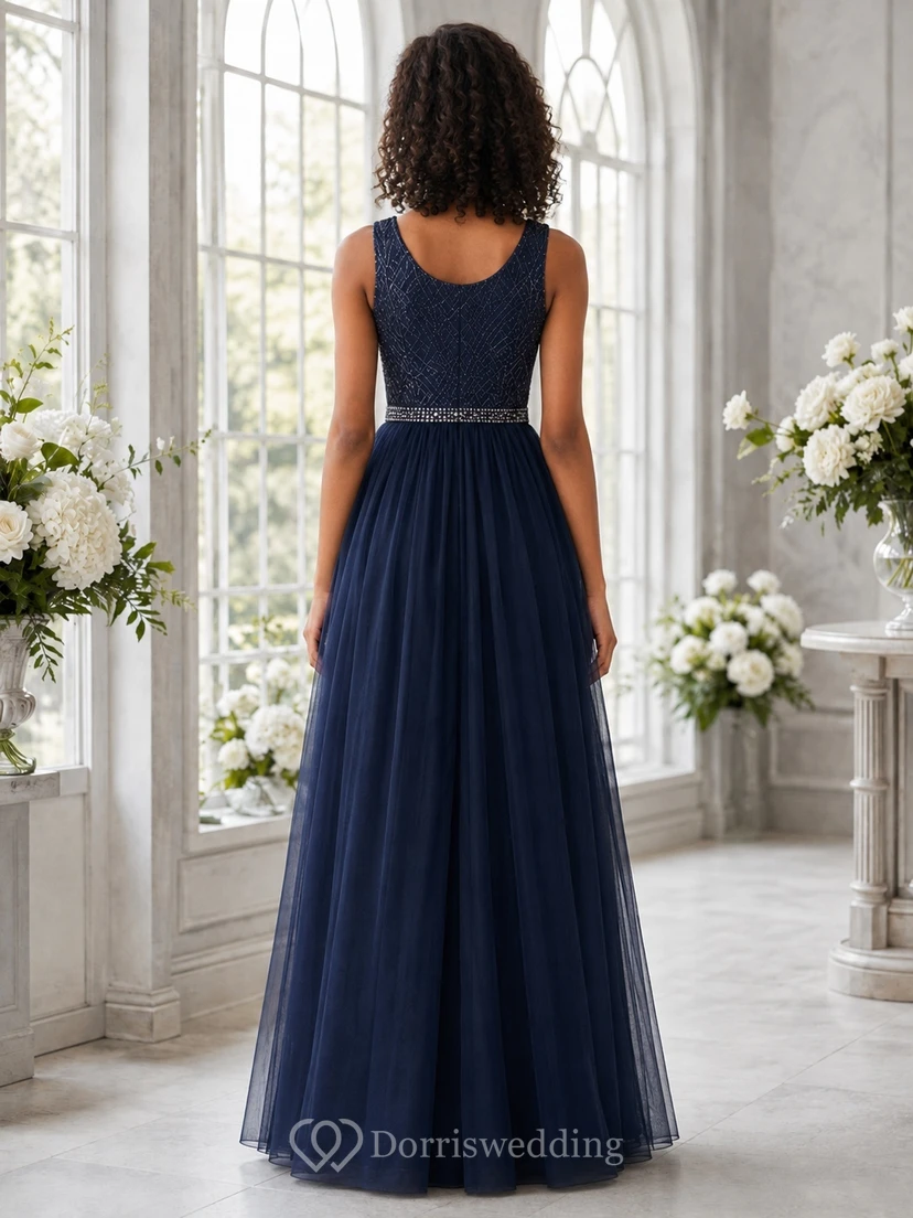 Dunkelblaues Brautjungfernkleid für junge Mädchen, A-Linie, Rundhalsausschnitt, ärmellos, Perlenstickerei view 2