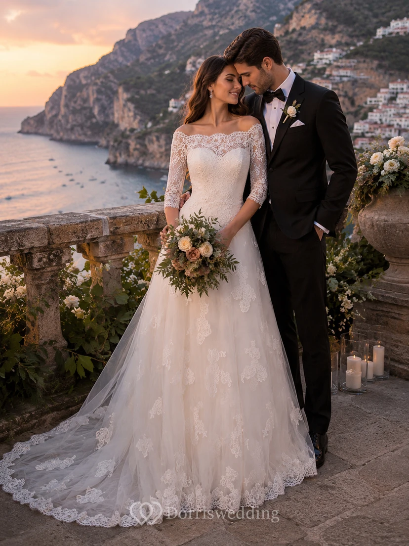 A-Line 3-4-Sleeve Off-The-Shoulder Lace&Tulle Wedding Dress With Illusion view 3