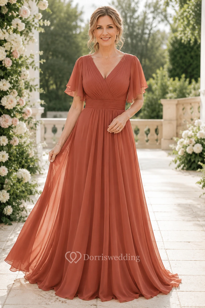 MOB Kleid aus Papaya-Chiffon, A-Linie, Kurzarm, V-Ausschnitt, bodenlang, plissiert