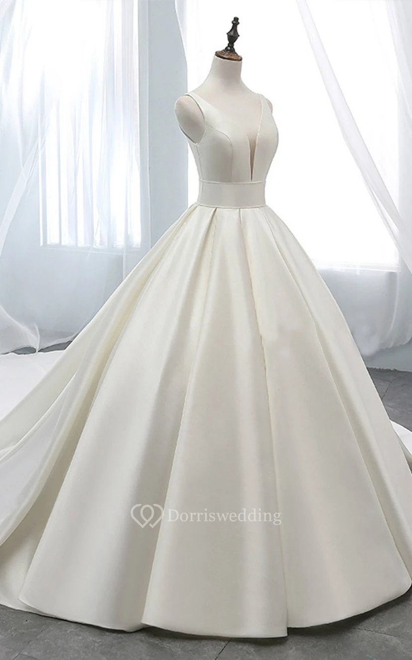 Satin-Ballkleid, ärmellos, elegant, mit tiefem Ausschnitt und Korsettrücken, Prinzessinnen-Hochzeitskleid-Stil view 4