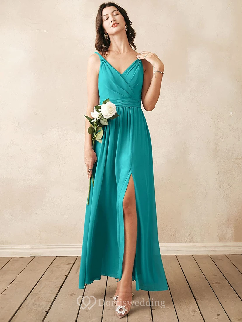 Romantic V-neck A Line Sleeveless Ankle-length Chiffon Bridesmaid Dress With Ruching view 14