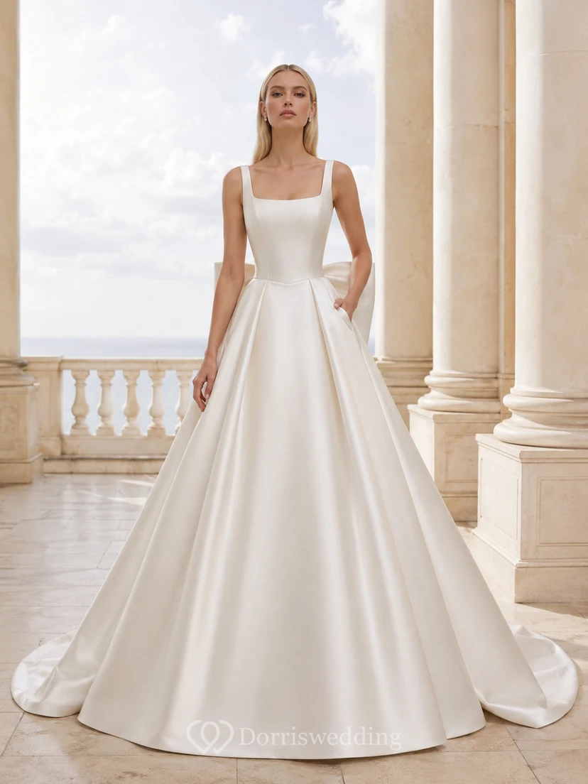 Robe de bal en satin à col carré et nœud surdimensionné, style moderne, avec traîne chapelle