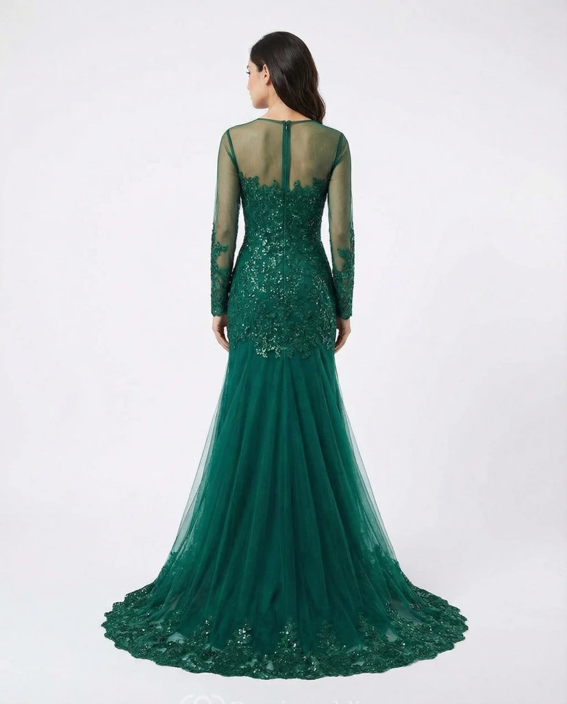 Robe de soirée sirène en dentelle noire avec longues manches transparentes et corsage illusion view 2