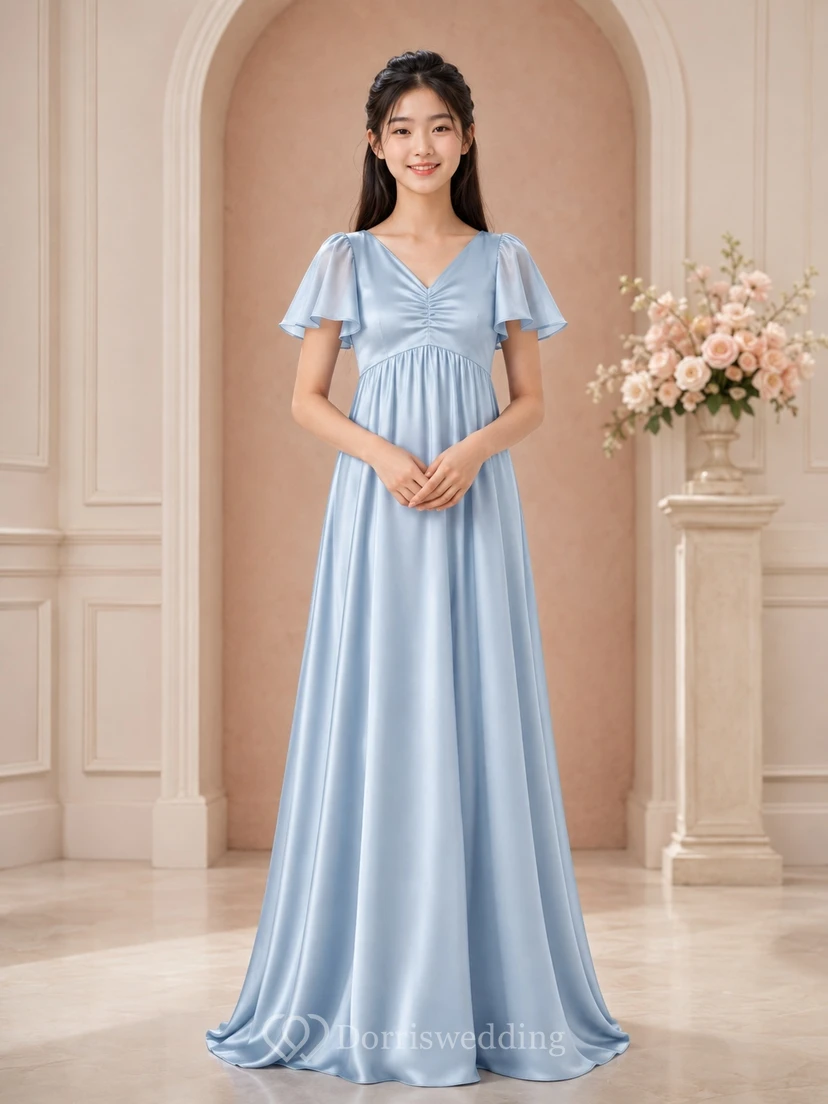 Himmelblaues Brautjungfernkleid für junge Damen, A-Linie, bodenlang, V-Ausschnitt, kurze Ärmel, verspielte Details, romantisch