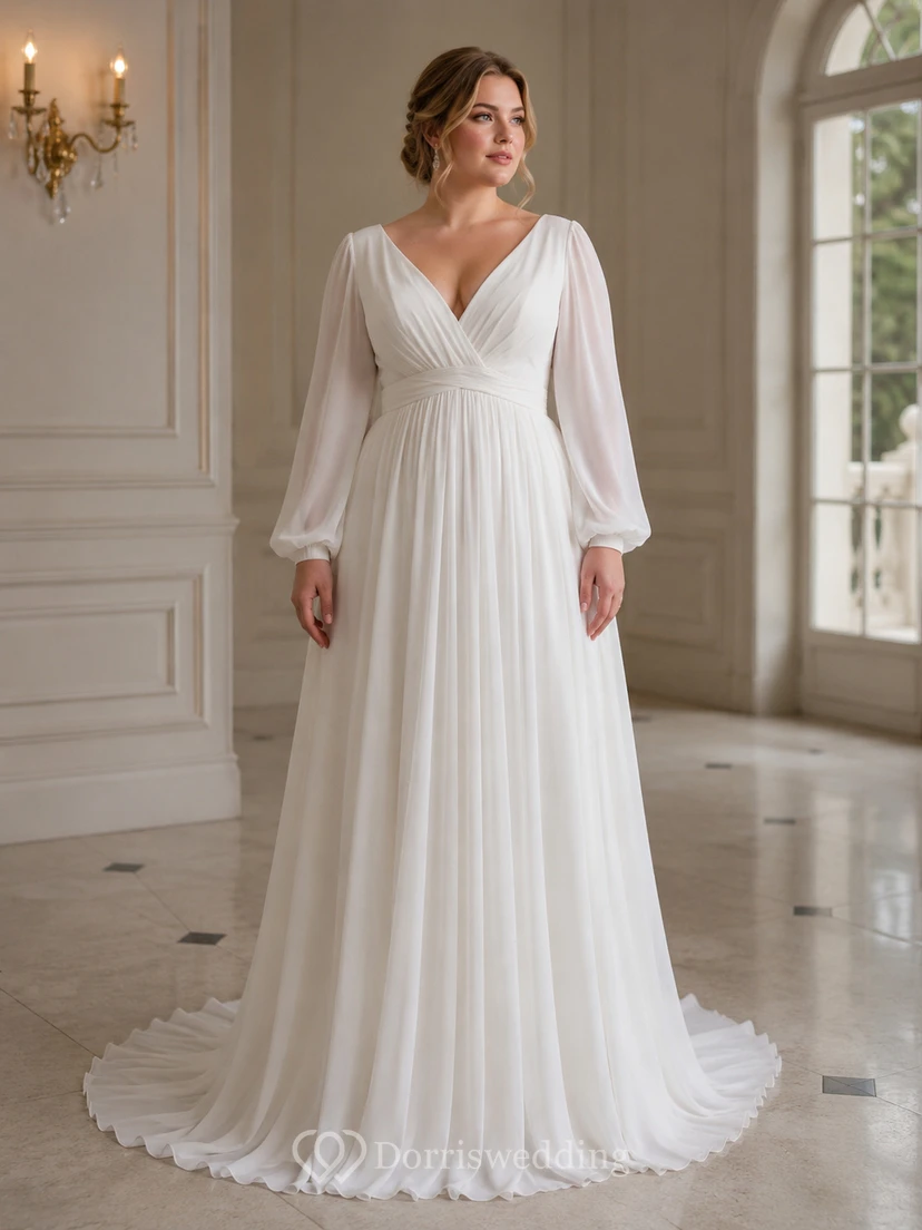 Empire Puff Long Sleeve Ruched A-line Wedding Dress view 4