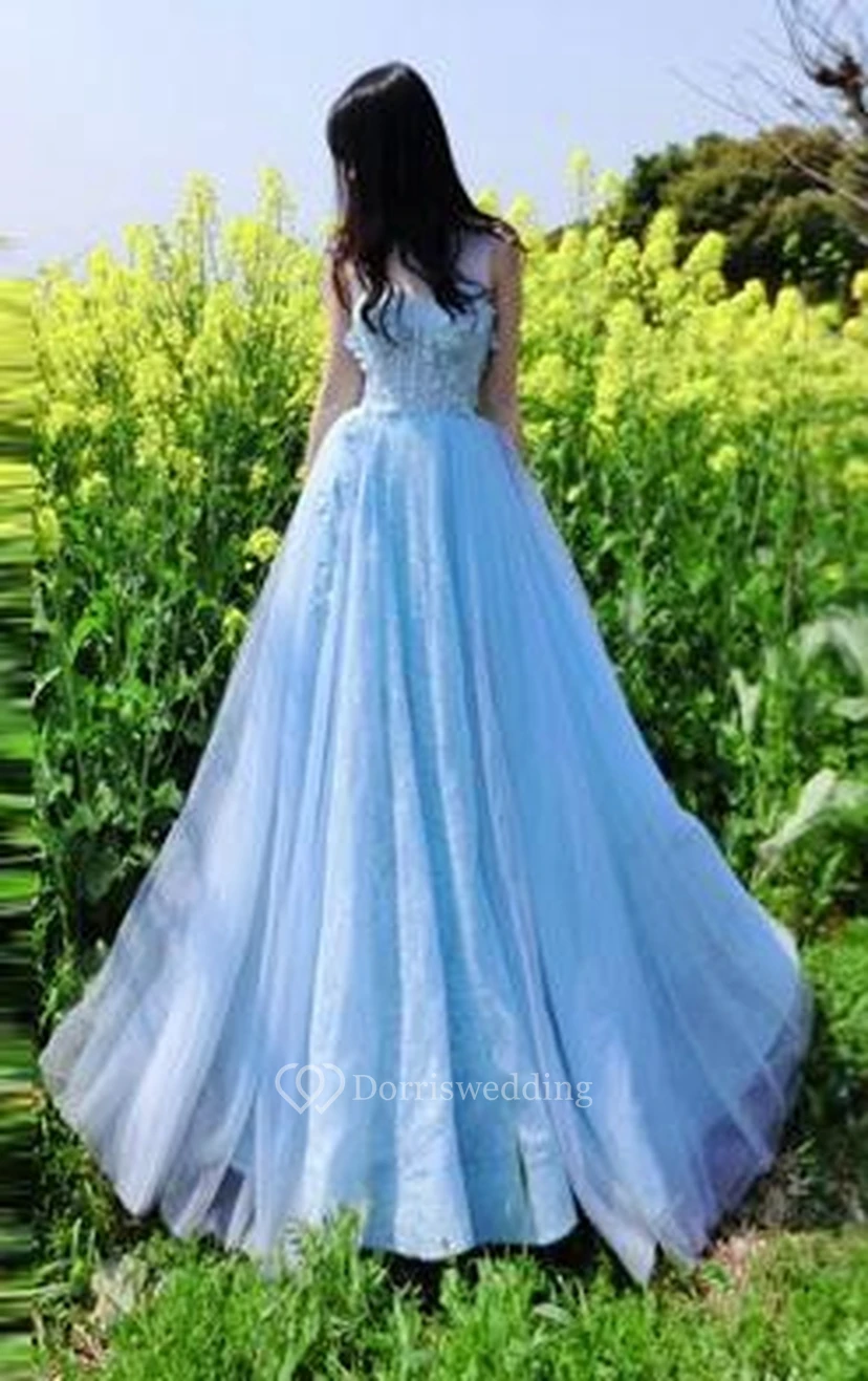 A-Line Bateau Appliques Beading Lace Sweep Train Prom Dress view 5