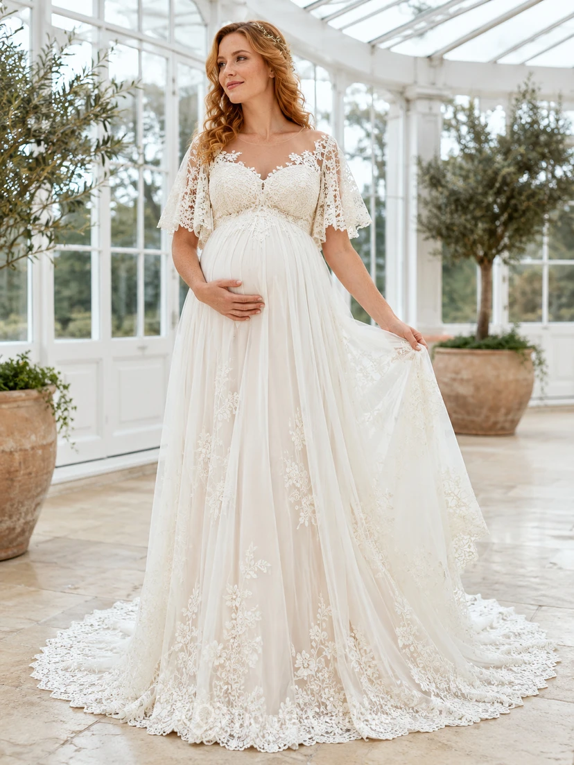 Maternity Wedding Dress Sweetheart Flutter Lace Sleeve Formal Bridal Gown with Train
