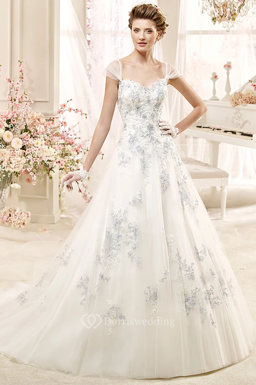 Romantic Sweetheart A-line Wedding Dress with Beaded Flowers and Brush Train