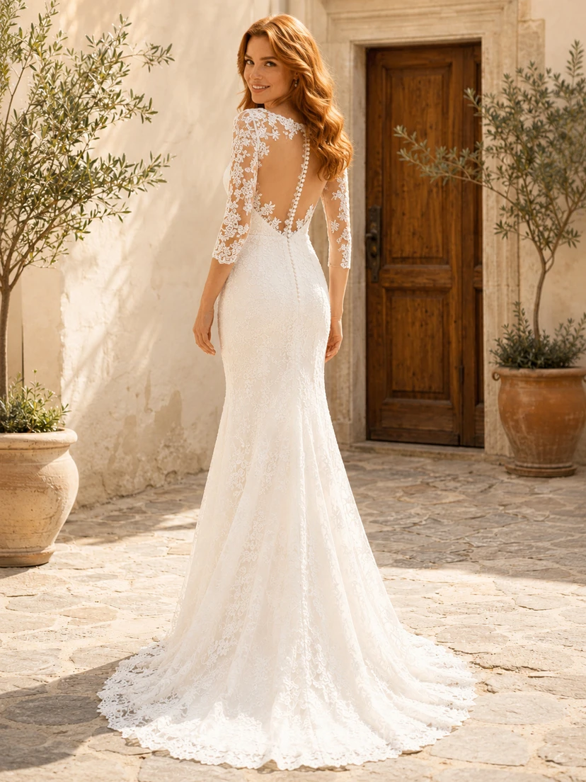 Robe de mariée sirène à manches trois-quarts en dentelle effet cœur view 2